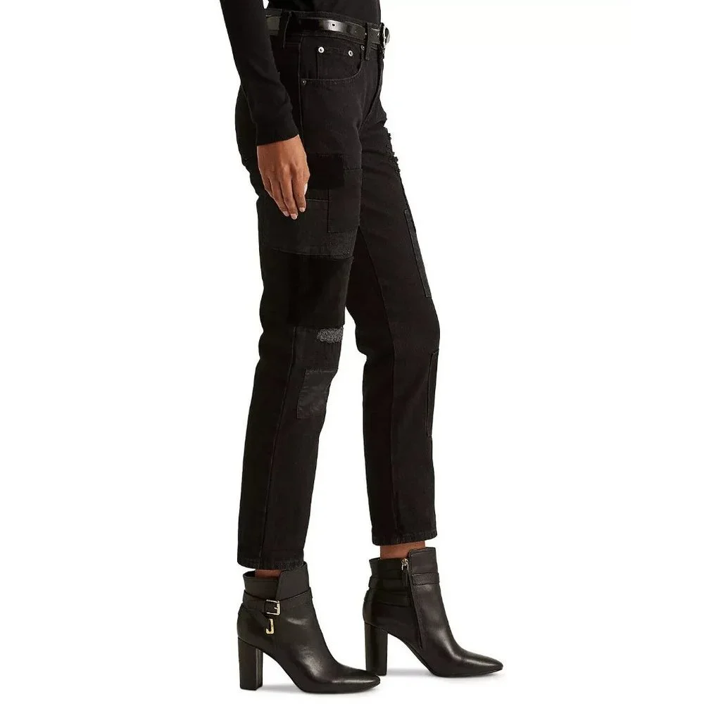 NWT Lauren Ralph Lauren Patchwork Relaxed Tapered Jean Black Wash - Picture 4 of 6